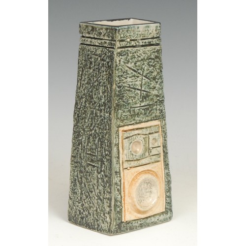 16 - A Troika coffin vase, by Anette Walters, signed, sgraffito incised with geometric designs in ochre a... 