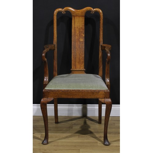 2104 - A pair of Arts & Crafts period vernacular oak George I design elbow chairs, each with a shaped crest... 