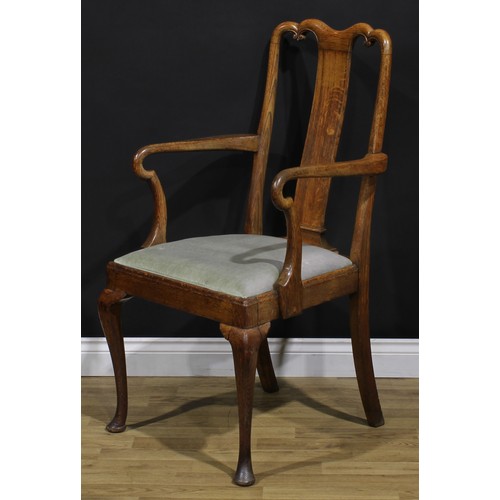 2104 - A pair of Arts & Crafts period vernacular oak George I design elbow chairs, each with a shaped crest... 