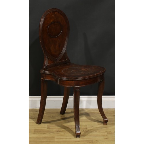 2126 - A Regency mahogany hall chair, reeded borders, sabre legs, 96cm high, 48cm wide, the seat 40cm deep,... 