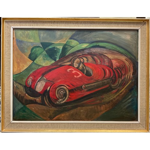 1153 - Futurist school, manner of, ‘Racing car in motion’, indistinctly signed lower centre, oil on canvas,... 