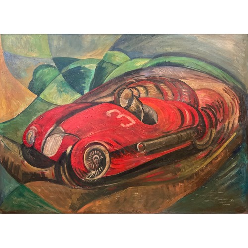 1153 - Futurist school, manner of, ‘Racing car in motion’, indistinctly signed lower centre, oil on canvas,... 