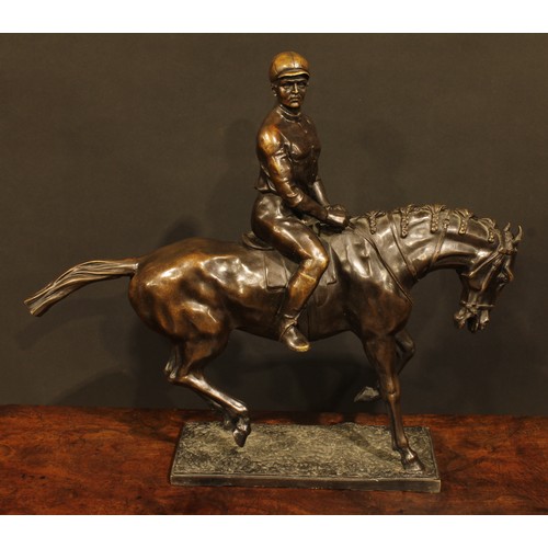 1502 - Antoine-Louis Barye, after, a dark patinated animalier bronze, horse and jockey, 48.5cm high, 55cm w... 