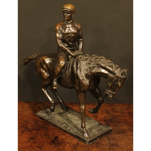 1502 - Antoine-Louis Barye, after, a dark patinated animalier bronze, horse and jockey, 48.5cm high, 55cm w... 