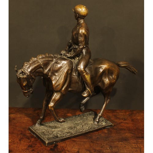 1502 - Antoine-Louis Barye, after, a dark patinated animalier bronze, horse and jockey, 48.5cm high, 55cm w... 