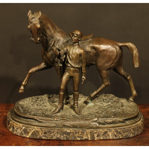 2131 - Pierre-Jules Mêne, after, a dark patinated animalier bronze, Vainqueur III, horse and jockey, marble... 