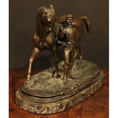 2131 - Pierre-Jules Mêne, after, a dark patinated animalier bronze, Vainqueur III, horse and jockey, marble... 