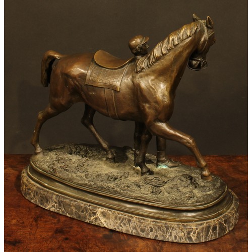 2131 - Pierre-Jules Mêne, after, a dark patinated animalier bronze, Vainqueur III, horse and jockey, marble... 