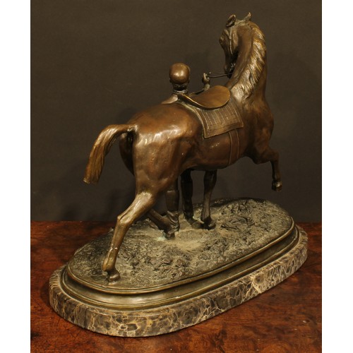 2131 - Pierre-Jules Mêne, after, a dark patinated animalier bronze, Vainqueur III, horse and jockey, marble... 