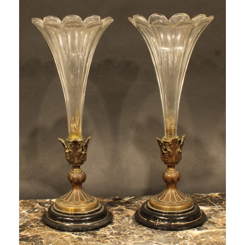 2175 - A pair of Napoleon III glass, bronze and black slate soliflores, 27.5cm high, c.1865