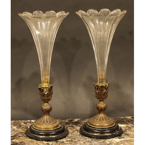 2175 - A pair of Napoleon III glass, bronze and black slate soliflores, 27.5cm high, c.1865