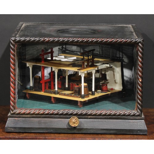 1274 - A 20th century, rotating nautical diorama - cross section of a gun deck cased in an ebonised wooden ... 