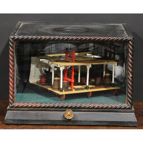 1274 - A 20th century, rotating nautical diorama - cross section of a gun deck cased in an ebonised wooden ... 