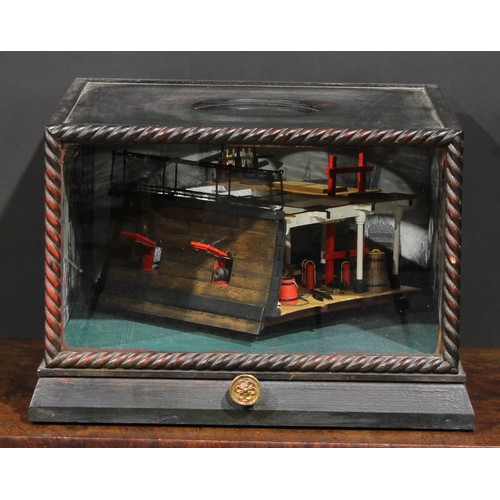 1274 - A 20th century, rotating nautical diorama - cross section of a gun deck cased in an ebonised wooden ... 