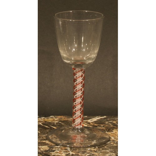 294 - A George III coloured twist drinking glass, opaque red and white helix twist stem, domed circular fo... 