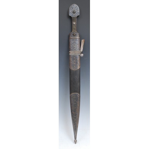 2524 - A 19th century Caucasian/Ottoman Turkish silver and niello mounted kindjal dagger, of qama type, 42.... 