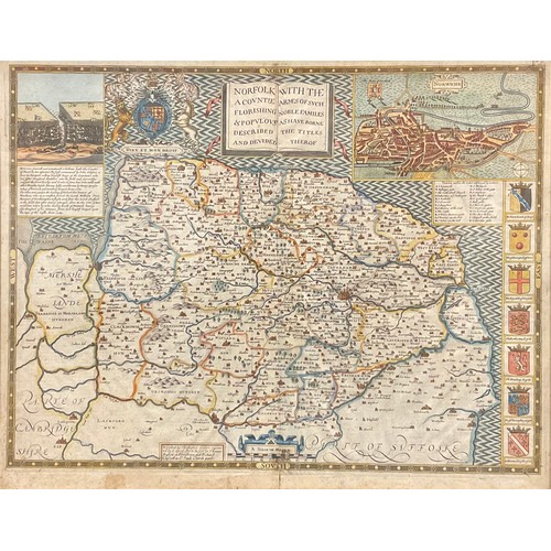 2685 - John Goddard (fl. 1645–1671), an engraved and coloured two-page map, Norfolk, A Countie Florishing &... 