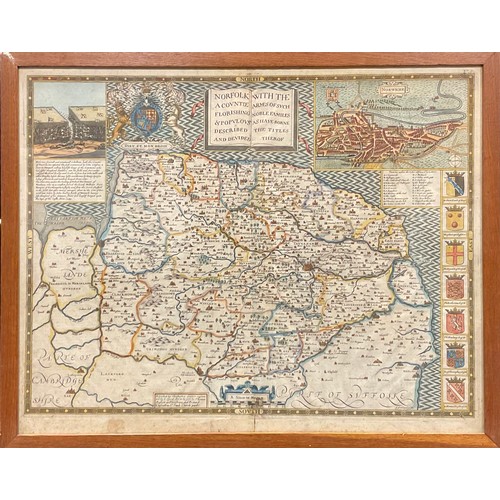 2685 - John Goddard (fl. 1645–1671), an engraved and coloured two-page map, Norfolk, A Countie Florishing &... 