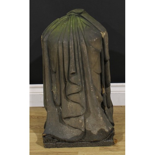 1515 - A carved stone draped urn, 58cm high, the base 30.5cm square