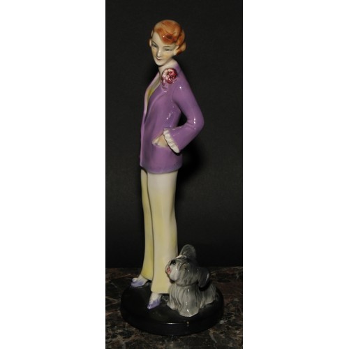 276 - An Art Deco Goebel figure, of a young lady and a dog, 24cm high, impressed monogram, model no. FF10,... 