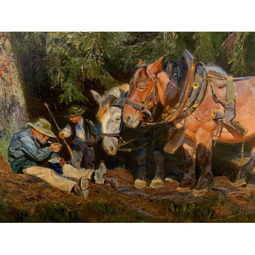 1015 - Continental school (early 20th century), A Woodsman and his Grandson, indistinctly signed, oil on ca... 