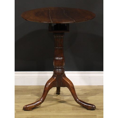 1662 - A George III mahogany and oak tripod occasional table, circular top, turned column, cabriole legs, p... 