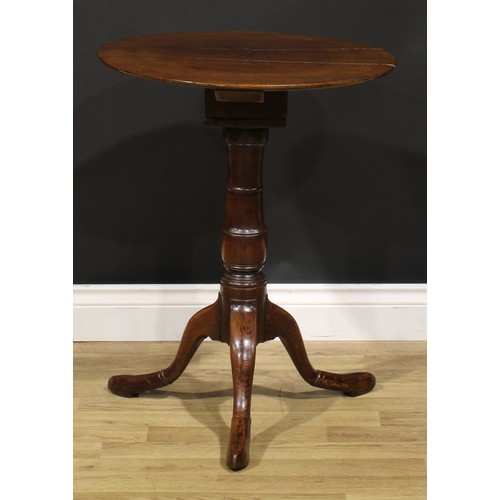 1662 - A George III mahogany and oak tripod occasional table, circular top, turned column, cabriole legs, p... 