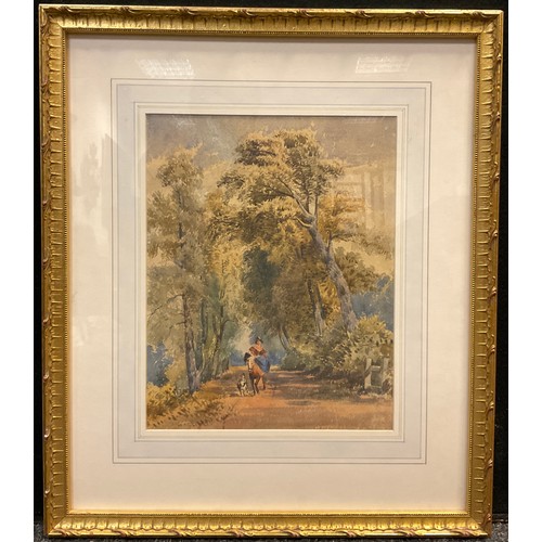 1143 - Victorian school 
Lady and pony on an oak lined avenue 
watercolour, 34cm x 26.5cm