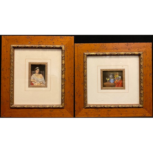 1130 - Mary Gregg
Miniature paintings - Still life with pottery, fruit, and wine, signed, oil on board, 6.5... 