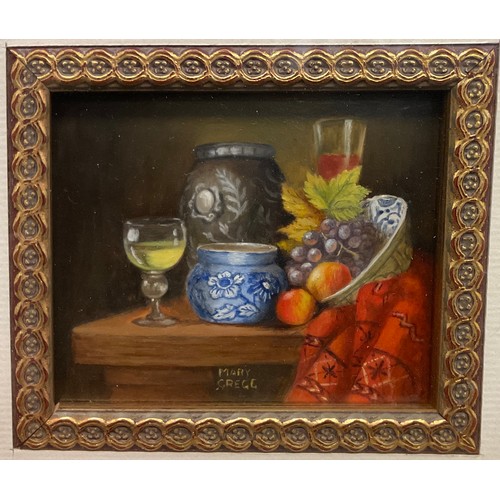 1130 - Mary Gregg
Miniature paintings - Still life with pottery, fruit, and wine, signed, oil on board, 6.5... 