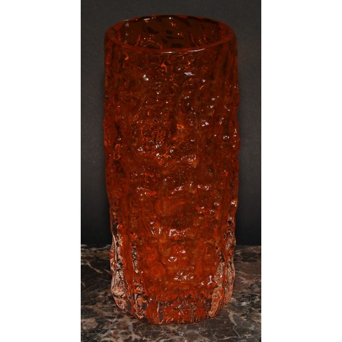 280 - A Whitefriars cylindrical textured bark vase, designed by Geoffrey Baxter, in tangerine, 18.8cm high... 