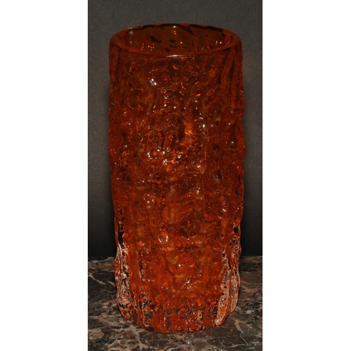 280 - A Whitefriars cylindrical textured bark vase, designed by Geoffrey Baxter, in tangerine, 18.8cm high... 