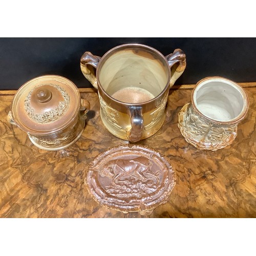 90 - A 19th century Brampton salt glazed stoneware two-handled tobacco jar and cover, impressed R H BRENA... 