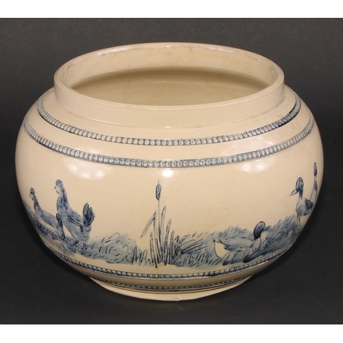 157 - A Denby Sgraffito Ware ovoid jardiniere, by James Wheeler, decorated with blue glazed hens and cocke... 