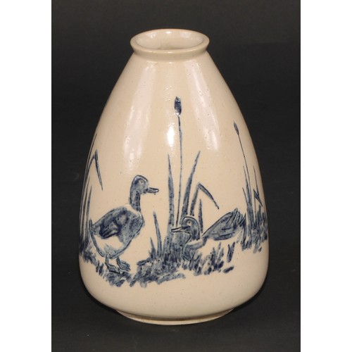 157 - A Denby Sgraffito Ware ovoid jardiniere, by James Wheeler, decorated with blue glazed hens and cocke... 