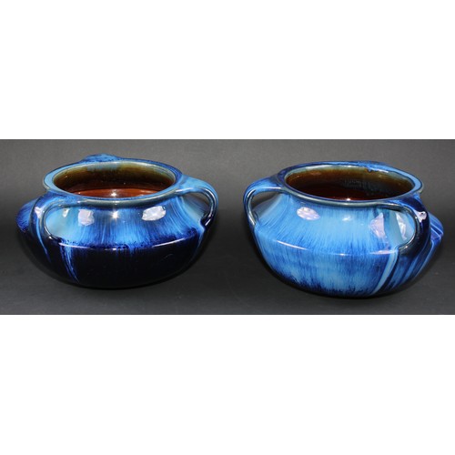 161 - A near pair of Denby Danesby Ware Electric Blue three handled compressed ovoid vases, printed marks,... 