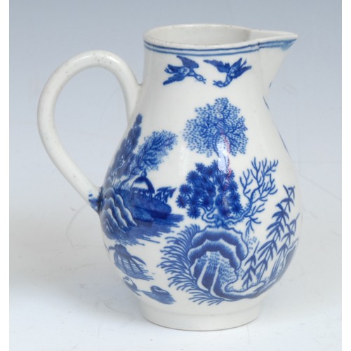 214 - A Worcester underglazed blue Fence pattern sparrow beak jug, painted with continuous landscape, pago... 