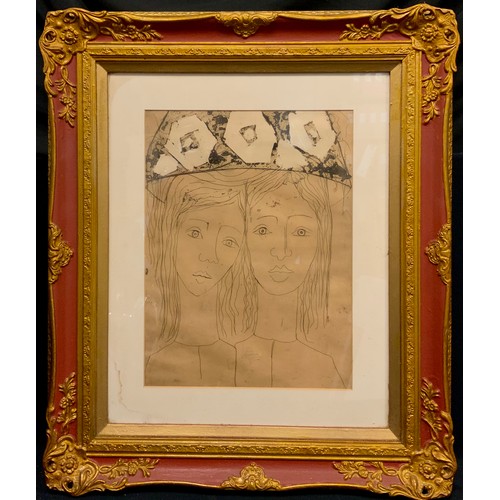 1098 - In the style of Matisse, (mid 20th century) 
The Twins, over-painted engraving, 40cm x 30cm.