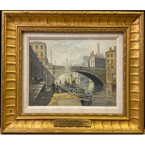 1041 - John L Chapman (B.1946), Albert Bridge Landing Stage, River Irwell, in 1890, signed, gouache, 20cm x... 