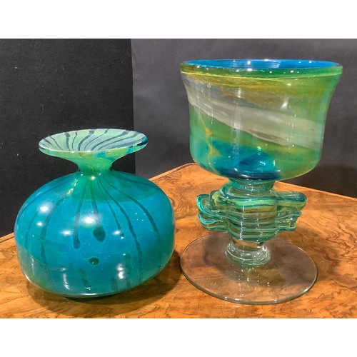 312 - A Mdina art glass chalice, designed by Michael Harris, in tones of blue and green, shaped knopped st... 