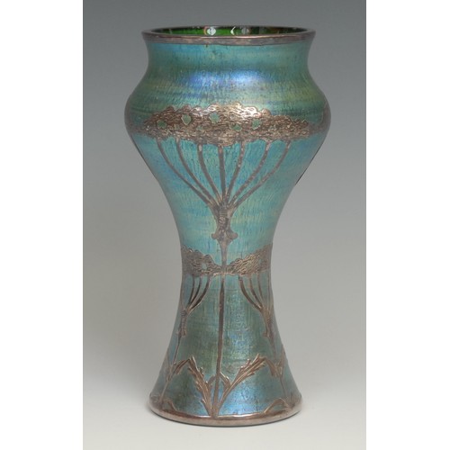 332 - An Art Nouveau Loetz type waisted cylindrical iridescent glass vase, applied with sinuous sterling s... 