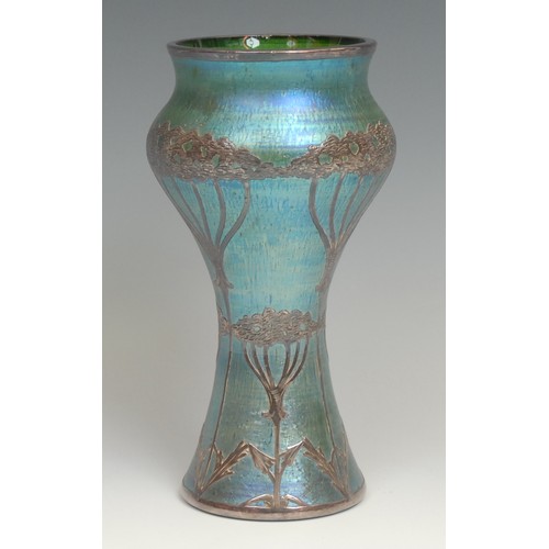 332 - An Art Nouveau Loetz type waisted cylindrical iridescent glass vase, applied with sinuous sterling s... 