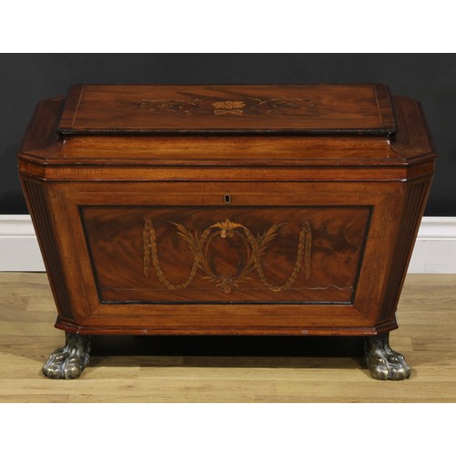 2199 - A Post-Regency Sheraton Continuation mahogany and marquetry sarcophagus cellarette, hinged rosewood ... 