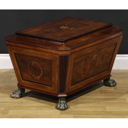 2199 - A Post-Regency Sheraton Continuation mahogany and marquetry sarcophagus cellarette, hinged rosewood ... 