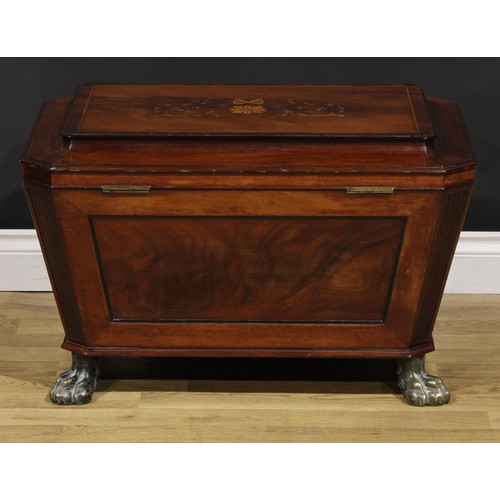 2199 - A Post-Regency Sheraton Continuation mahogany and marquetry sarcophagus cellarette, hinged rosewood ... 