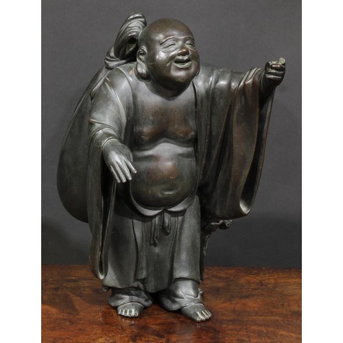 365 - A Japanese bronze figure, Hotei and Child, cast as Budai, the ancient Chinese monk Qici, the Maitrey... 