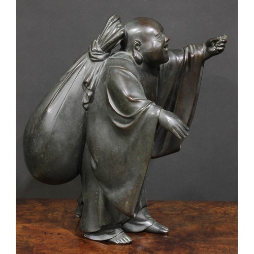 365 - A Japanese bronze figure, Hotei and Child, cast as Budai, the ancient Chinese monk Qici, the Maitrey... 