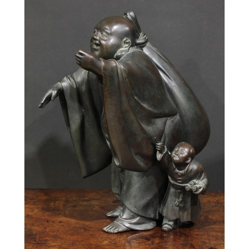 365 - A Japanese bronze figure, Hotei and Child, cast as Budai, the ancient Chinese monk Qici, the Maitrey... 