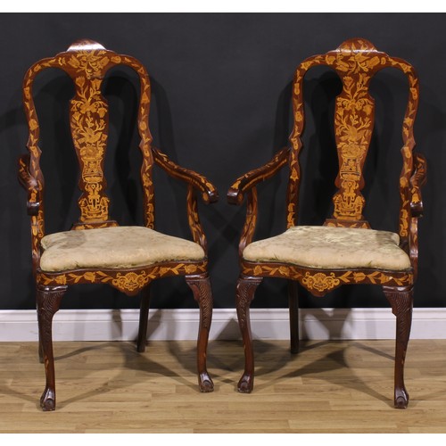 2073 - A pair of 19th century Dutch marquetry elbow chairs, inlaid throughout in the traditional manner, dr... 