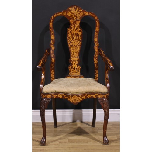 2073 - A pair of 19th century Dutch marquetry elbow chairs, inlaid throughout in the traditional manner, dr... 